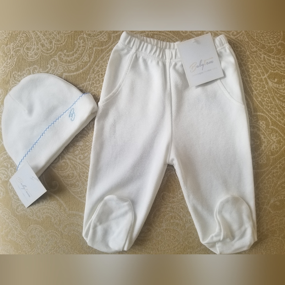 Babytom White Organic Pima Cotton Newborn Baby Boy Footed Pants and Hat 0-3M